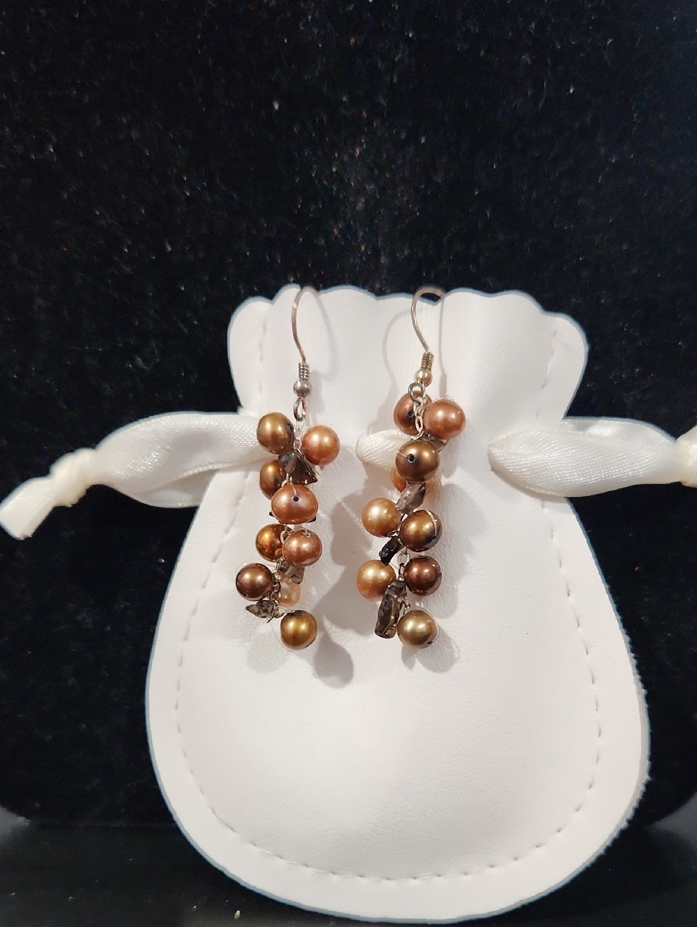 Vintage Bronze & Copper Pearl Cluster Dangle Earrings - Vintage
